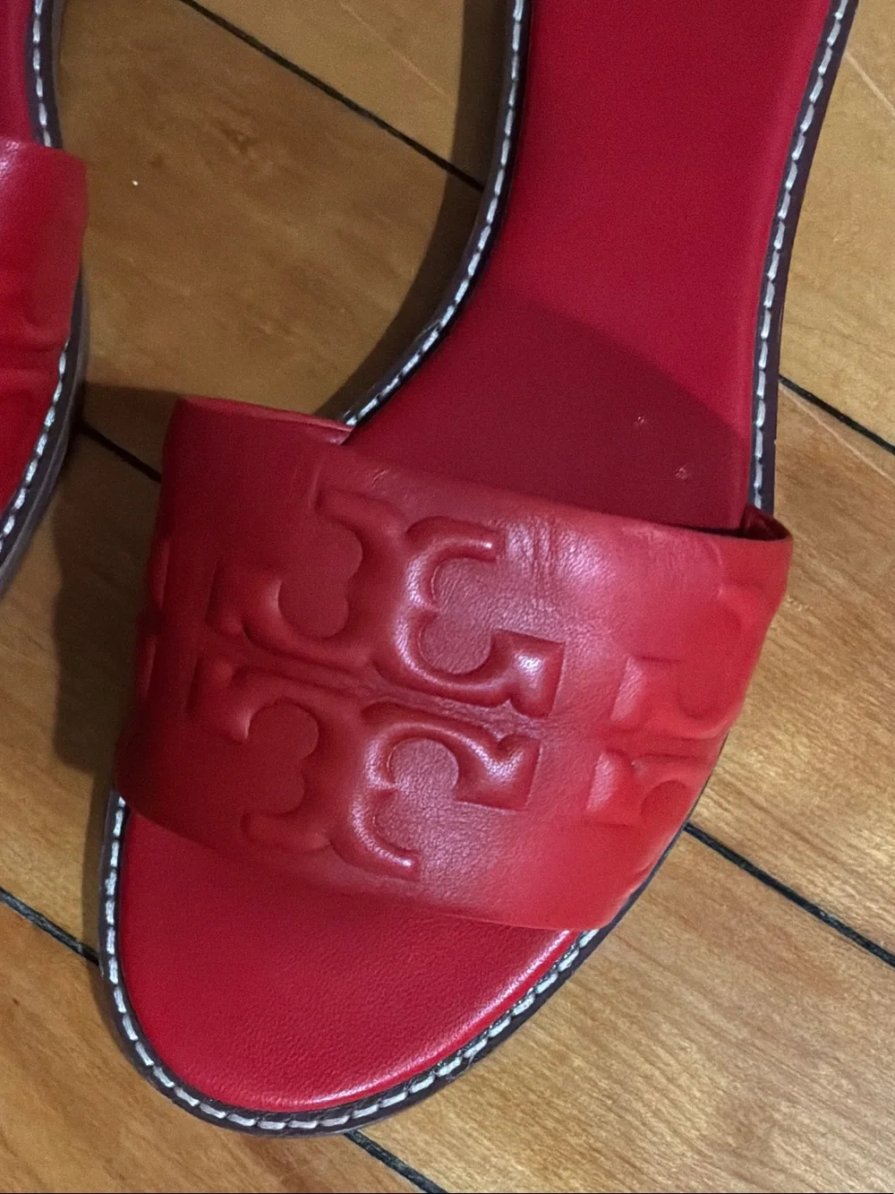 Tory Burch Red Embossed Logo Slide Sandals
